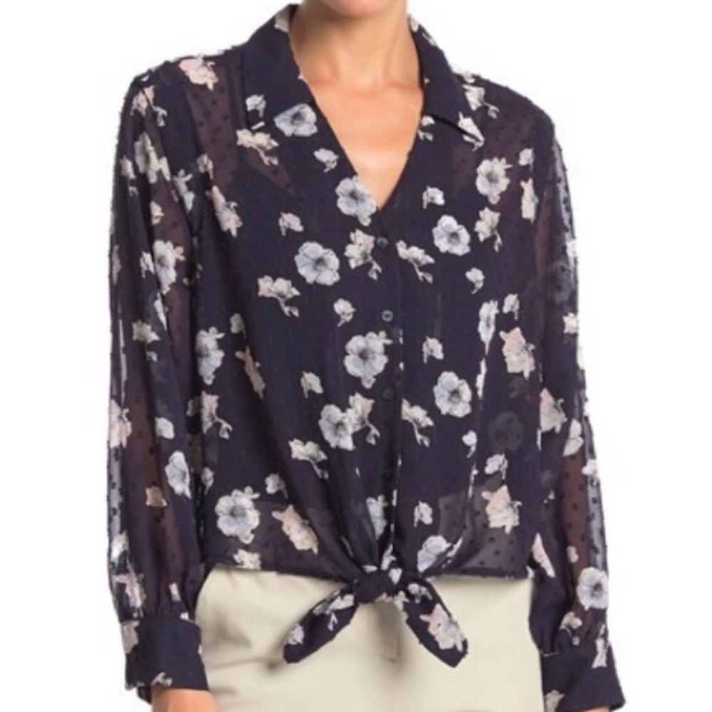 PLEIONE TIE FRONT HIGH LOW FLORAL BLOUSE